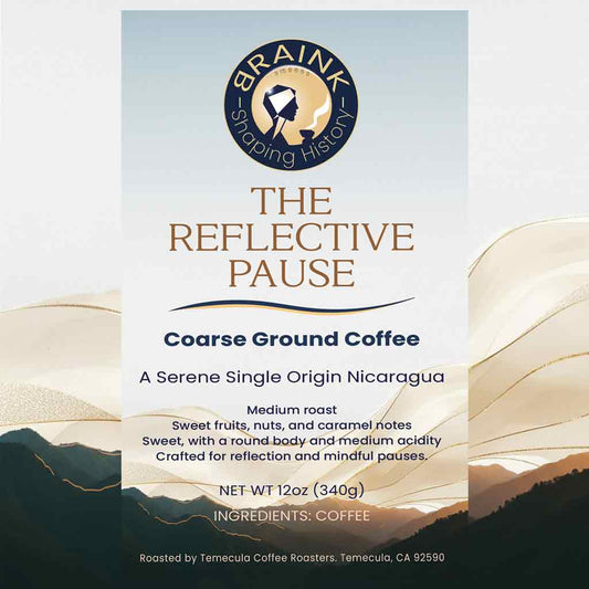 The image shows the product label for BrainK specialty coffee called The Reflective Pause.