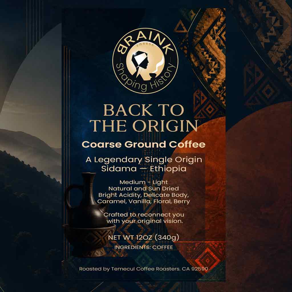 Braink single origin specialty coffee label detail, called Back to the origin