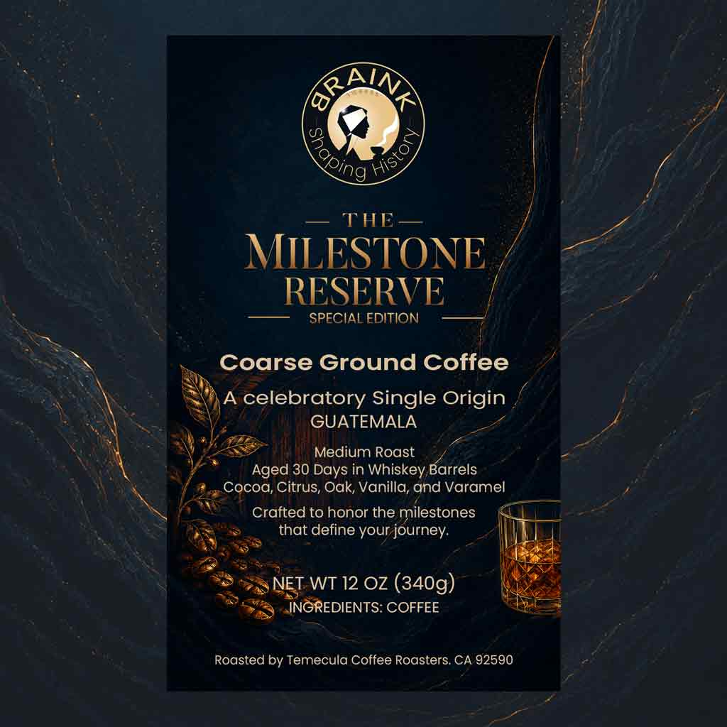 Braink single origin specialty coffee label detail, called the milestone reserve