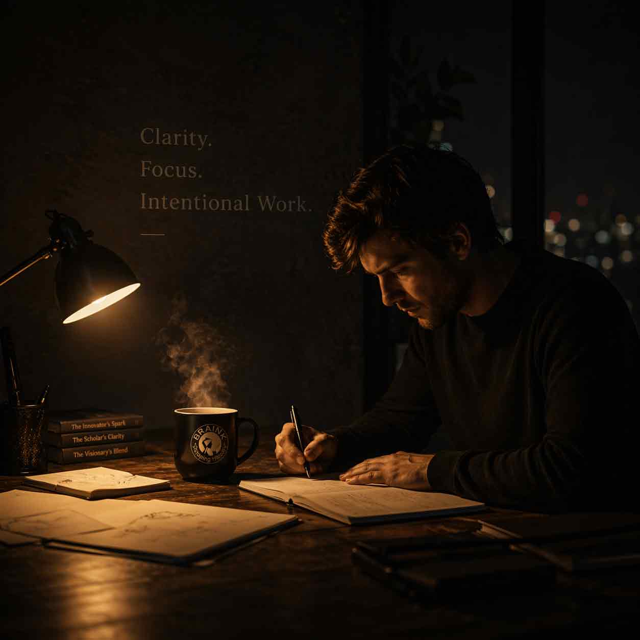 Young man working at a table drinking specialty coffee. Scene with artistic lighting. Buy Braink Coffee.
