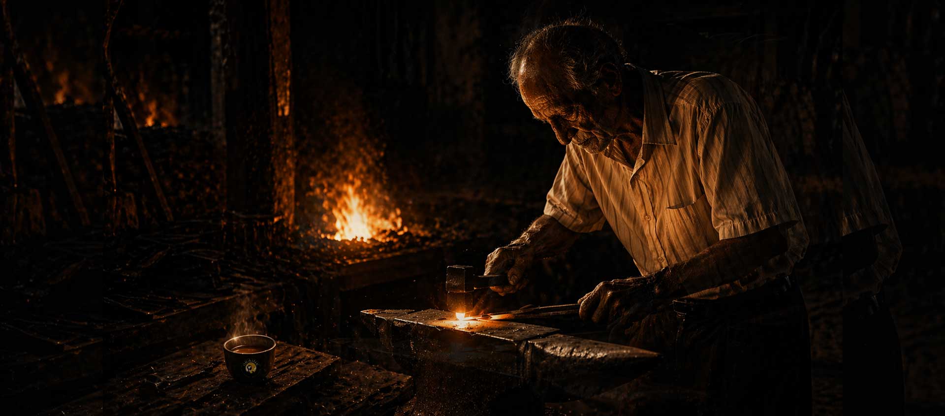 An elderly man works in his workshop forging a piece of metal; in front of him a cup of BrainK specialty coffee awaits him, representing a strategic ritual for focus and clarity.