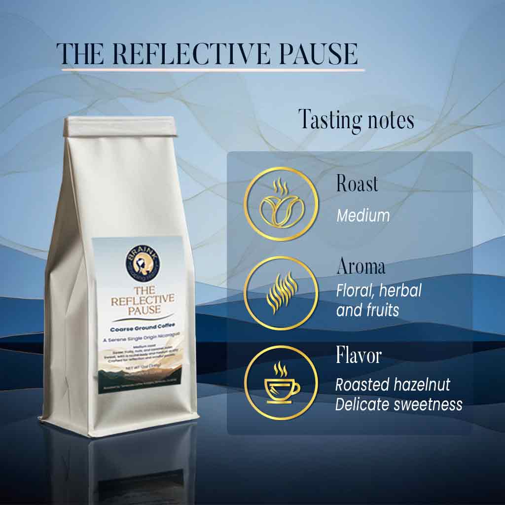 The image represents icons and information about tasting notes and sensory characteristics of the specialty coffee BrainK called The Reflective Pause.