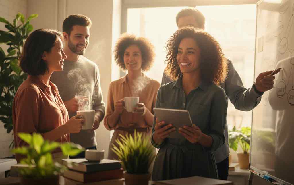 Team collaborating over BrainK specialty coffee, sharing ideas during a strategic ritual that fuels forging minds, focus, and meaningful dialogue.