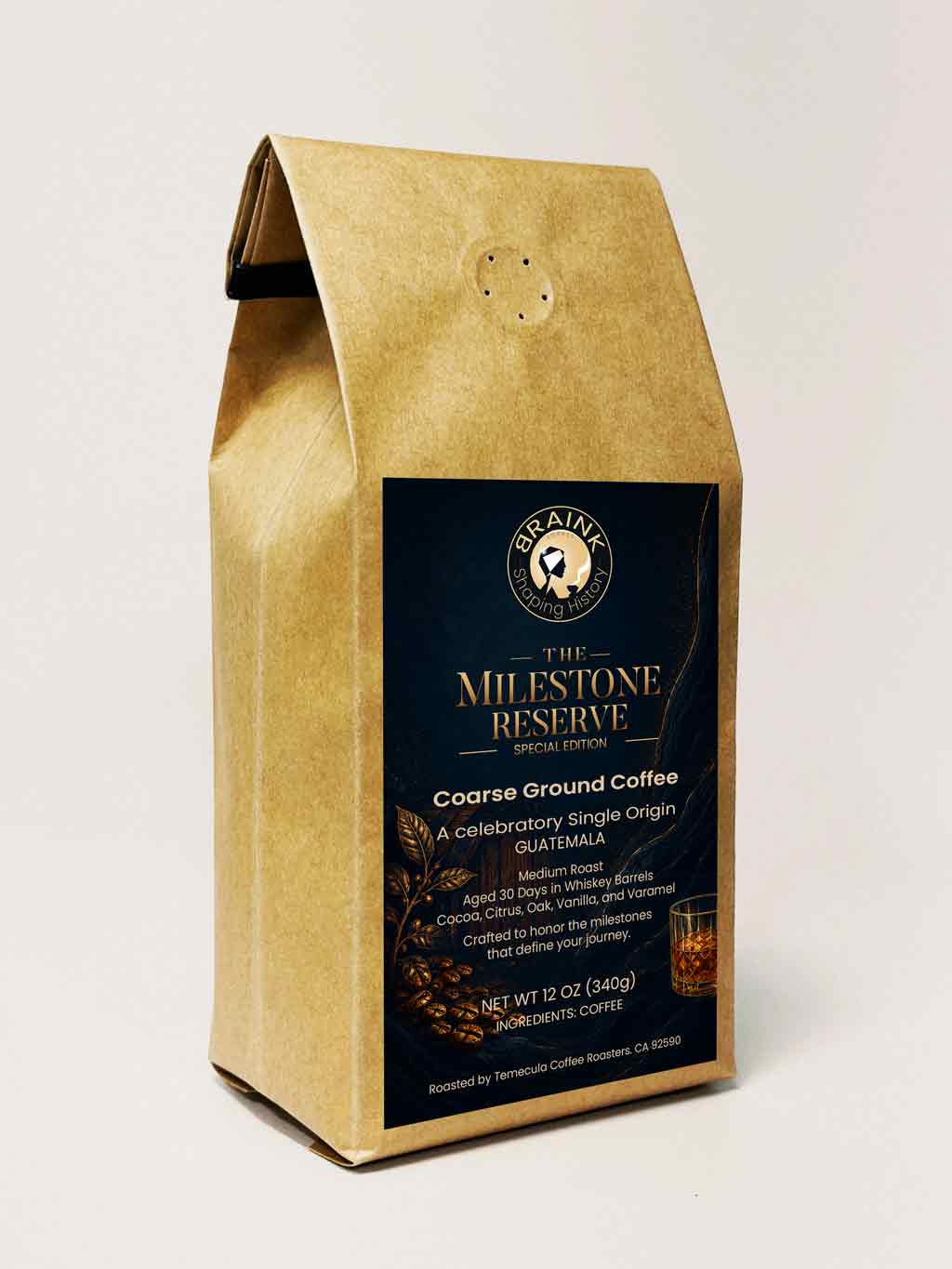 Braink brand single origin specialty coffee package called the milestone reserve
