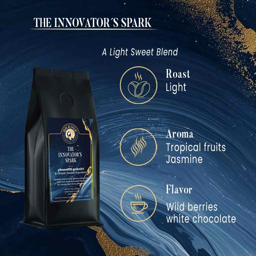 Tasting notes. Infographic of The Innovator's Spark specialty coffee showing light roast profile, jasmine aroma, and white chocolate flavor notes.