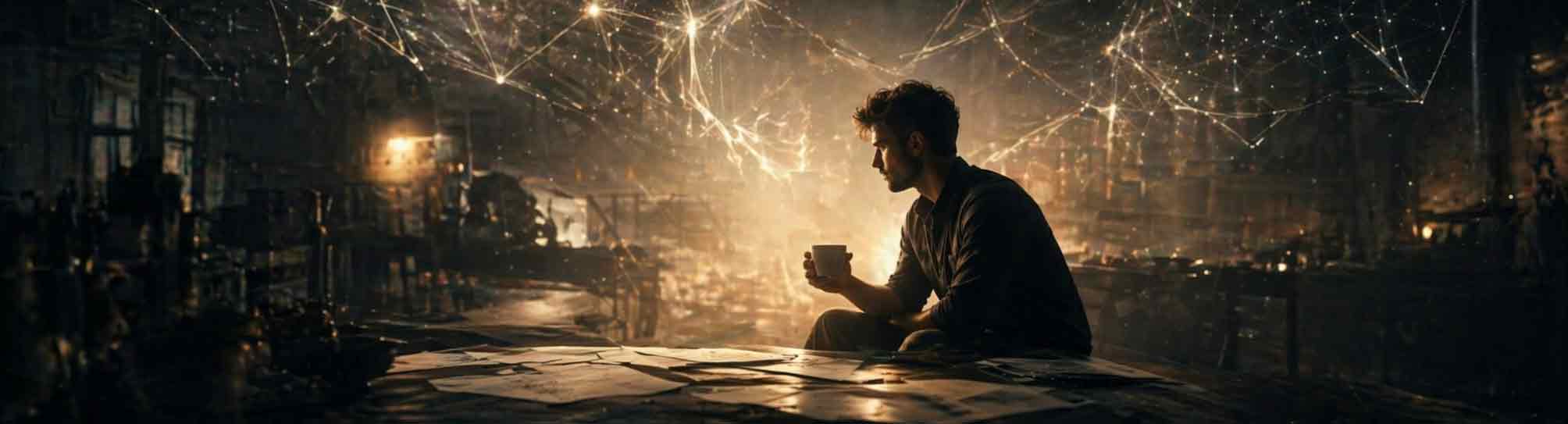 Boy holding a cup of BrainK specialty coffee, representing a strategic ritual for focus and clarity., brainstorming; thoughts float in the air in the form of light and nodes. Compare specialty coffee.