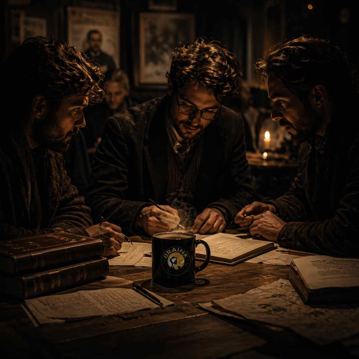 Men in a coffee shop discussing ideas and drinking specialty coffee. Buy BrainK coffee